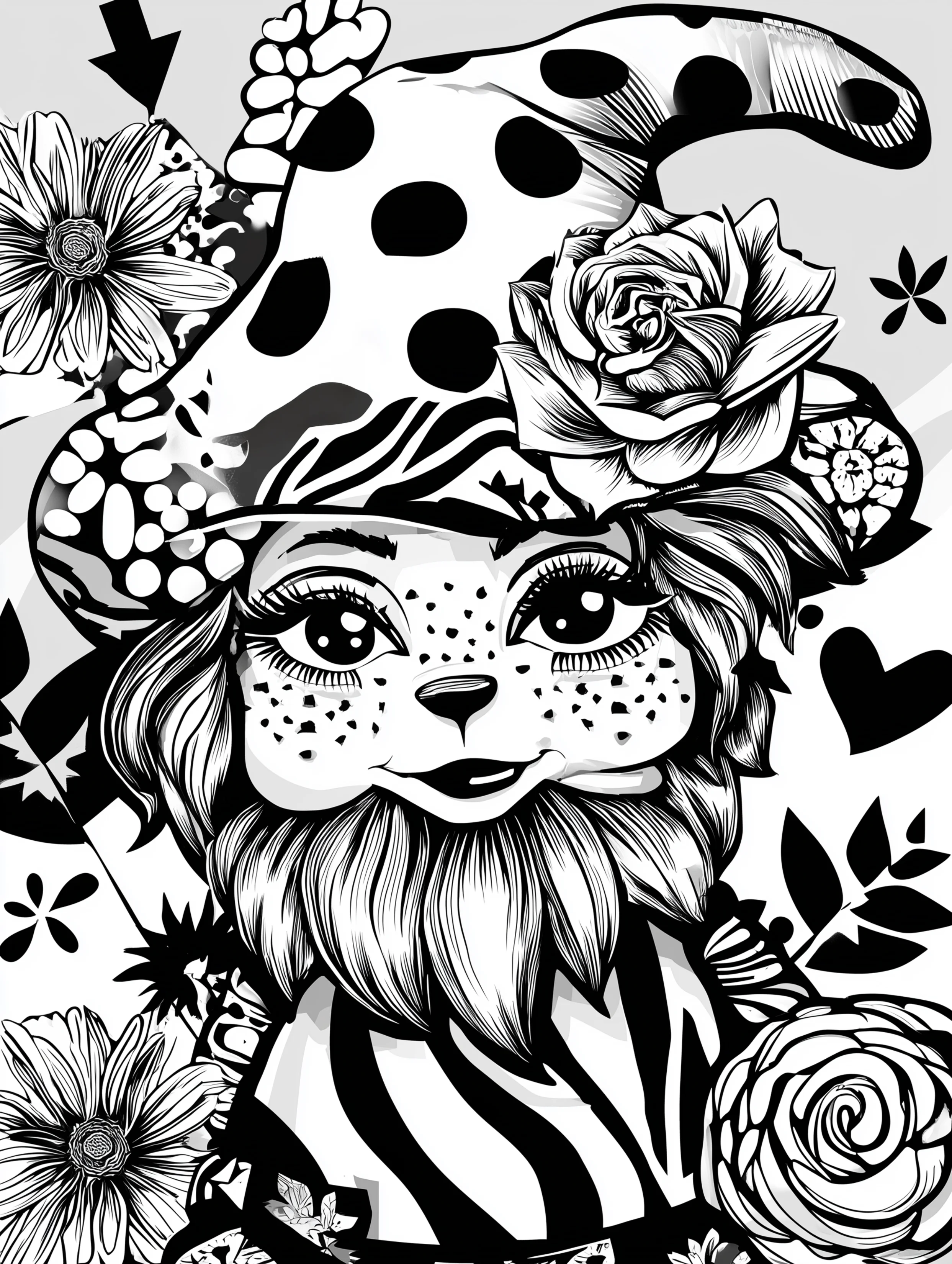Free printable gnome coloring page for adults featuring a gnome with flowers